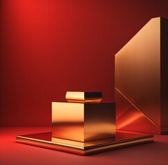 A beautiful golden podium counter with a luxury red color background for a luxury product presentation. Generative AI.