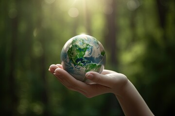 Woman holds glass earth in her hand with blurred green forest in the background.AI Generated