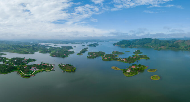 Aerial view of Cam Son lake, Luc Ngan landscape, Bac Giang, Vietnam