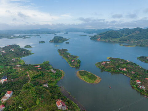 Aerial view of Cam Son lake, Luc Ngan landscape, Bac Giang, Vietnam