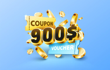 900 dollar coupon gift voucher, cash back banner special offer. Vector illustration