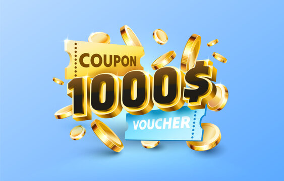 1000 dollar coupon gift voucher, cash back banner special offer. Vector illustration