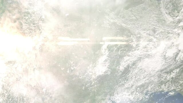 Earth zoom in from outer space to city. Zooming on Bethany, Oklahoma, USA. The animation continues by zoom out through clouds and atmosphere into space. Images from NASA