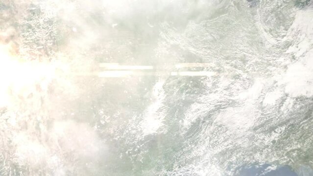 Earth zoom in from outer space to city. Zooming on Bixby, Oklahoma, USA. The animation continues by zoom out through clouds and atmosphere into space. Images from NASA