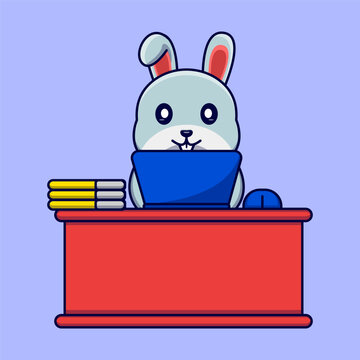 Cute bunny is working on his laptop at the desk Vector Illustration.Cute bunny character cartoon style