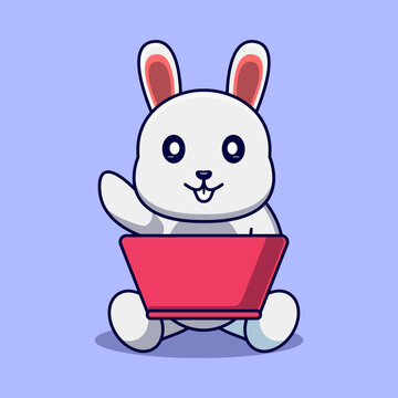 Cute bunny is playing on laptop Vector Illustration.Cute bunny character cartoon style.