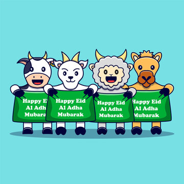 Cute Cow, Goat, Sheep and Camel holding a banner congratulating Eid al adha Vector Illustration.Cute animal character cartoon style
