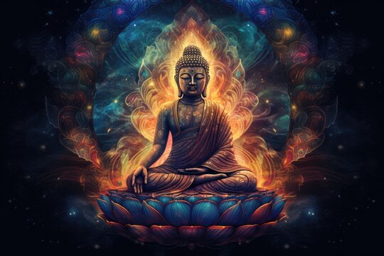 A Buddha illustration with the abstract expanse of the universe as its backdrop. Cosmic serenity meets spiritual enlightenment in this captivating portrayal. Generative AI