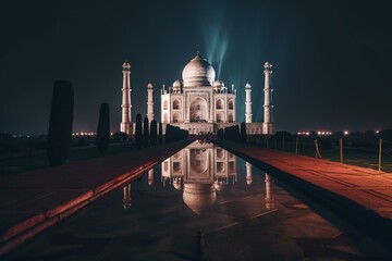 Fototapeta na wymiar Nighttime view of the elegant Taj Mahal in India. Generative AI