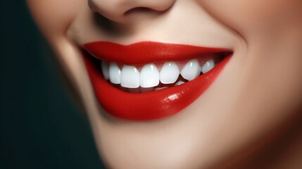 Obraz premium This is an advertisement for Banner's tooth whitening services, showcasing a close-up of a female's perfect white teeth with a shade guide to illustrate the bleach color. Generative AI 