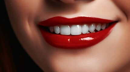Obraz premium This is an advertisement for Banner's tooth whitening services, showcasing a close-up of a female's perfect white teeth with a shade guide to illustrate the bleach color. Generative AI 