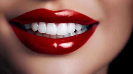 Obraz premium This is an advertisement for Banner's tooth whitening services, showcasing a close-up of a female's perfect white teeth with a shade guide to illustrate the bleach color. Generative AI 