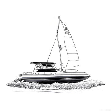 Sailing yacht floats on the waves. A small ship for recreation and travel. contour sketch. Hand drawing isolated on white background. Vector. Generative artificial intelligence