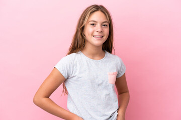Obraz premium Little caucasian girl isolated on pink background laughing