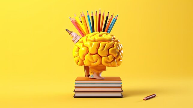 brain, books and pencils, new discoveries and scientific inventions, AI Generated.  Generative AI