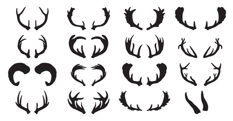 Set of hand drawn deer horns black on the white background.