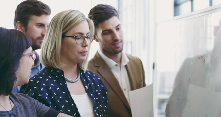 Leadership, teamwork or woman planning on board company vision, mission or goal for KPI growth in meeting. Diversity, networking or business people for marketing agenda, schedule or calendar review