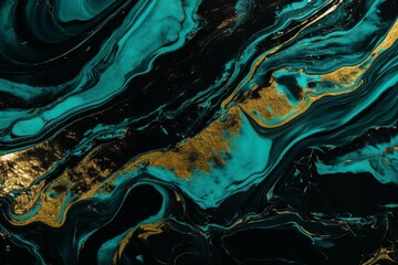 Luxurious, modern art featuring teal and black swirls and ripples reminiscent of marble and agate. Wallpapers shine with gold glitter. Generative AI