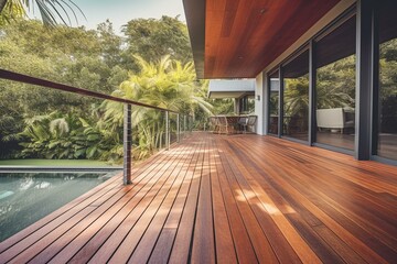 Contemporary home with ipe wood deck and wooden patio surrounded by tropical hardwood decking viewed from a low angle. Generative AI