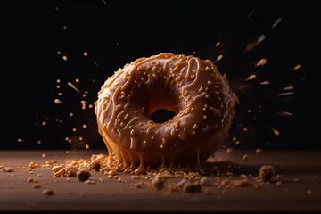 A 3D render featuring a donut in a close-up shot, tumbling through the air against a dark background. Generative AI