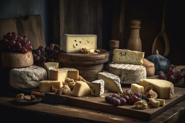 Fototapeta na wymiar Assorted French cheese arranged on a rustic wooden board. Generative AI