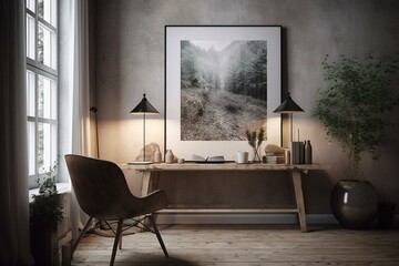Minimalist poster frame in Nordic interior. 3D render. Generative AI