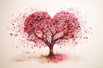 Obraz na płótnie Canvas Watercolor painting of a heart-shaped tree, ideal for weddings & Valentine's Day. Generative AI