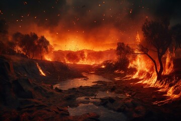 Fototapeta premium A fiery pyropunk landscape for use as desktop wallpaper or in concept art, showing the destruction of nature by flames. Generative AI
