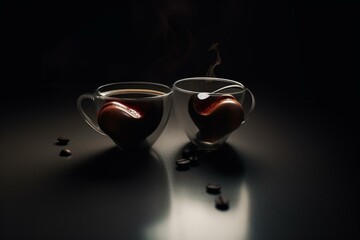 Naklejka na ściany i meble Two hearts in coffee. Generative AI