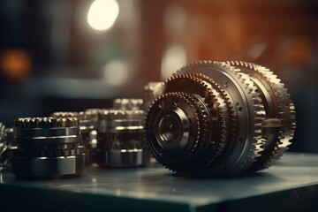 Naklejka na ściany i meble 3D illustration of pistons and cogs with blurry background. Generative AI