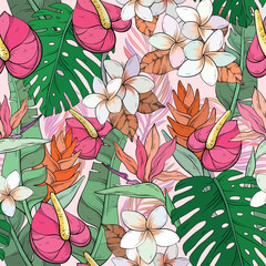 Tropical pattern with bright flowers and leaves - 602004794
