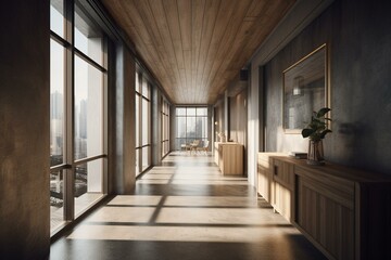 Fototapeta na wymiar Opulent timber and cement workspace corridor, fixtures, cityscape outlook, sunshine. Rendered 3D. Generative AI