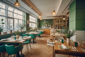 Interior of a family restaurant with green and white decor. Generative AI