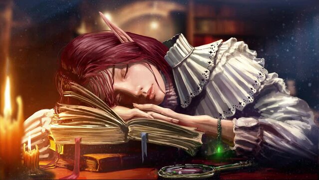 A sweet young elf girl, peacefully fell asleep on a pile of old thick books, she has a  long ears, red hair, she is lit by the moon from the library windows and candles.  clean looped 2d animated art