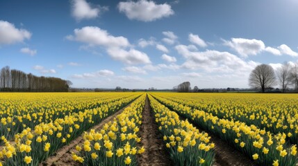 Field of blooming daffodils on sunny day in spring. Path through the field, trees in the distance, nature, sky and clouds. On blurred background. Generative AI