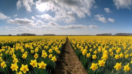 Fototapeta premium Field of blooming daffodils on sunny day in spring. Path through the field, trees in the distance, nature, sky and clouds. On blurred background. Generative AI