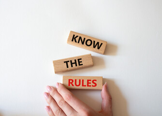 Know the rules symbol. Wooden blocks with words Know the rules. Beautiful white background. Businessman hand. Business and Know the rules concept. Copy space.