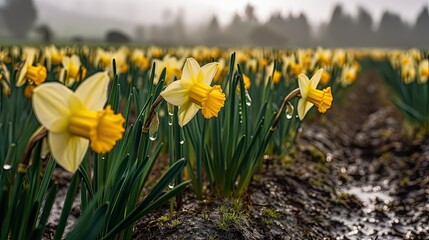 Fototapeta premium Field of blooming daffodils on rainy day in spring. Muddy path through field, in blurred background. Generative AI