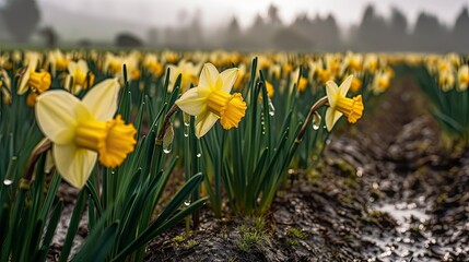Field of blooming daffodils on rainy day in spring. Muddy path through field, in blurred background. Generative AI