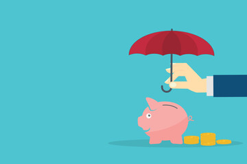 Hand holding umbrella over piggy bank with coins. Vector illustration.