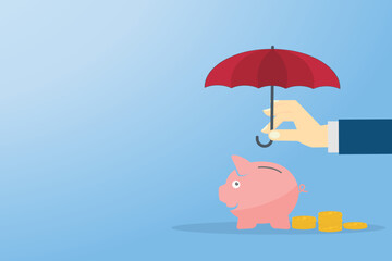 Hand holding umbrella over piggy bank with coins. Vector illustration.
