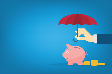 Hand holding umbrella over piggy bank with coins. Vector illustration.