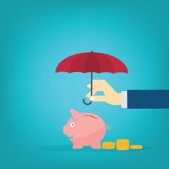 Hand holding umbrella over piggy bank with coins. Vector illustration.