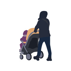 Young mother in winter clothes with a baby in a stroller. City flat infographic