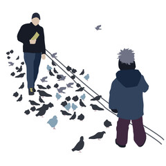 Image of a boy and dad feeding pigeons on the street. City flat infographic