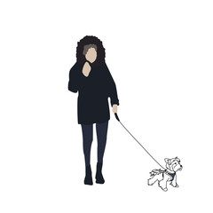 A young girl walking with a dog. City vector flat infographics.