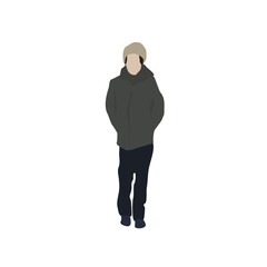 A man walking down the street in winter clothes. City vector flat infographics.