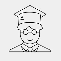 Graduate student in square cap or hat with tassel Icon. Guy graduate. Male in mortar hat and graduation gown. Editable vector stroke. Pixel Perfect scalable