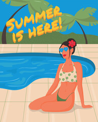 Beautiful girl with flower in her hair relaxing in swimming pool. Summer vacation. Open air swimming pool. Banner. Vector illustration