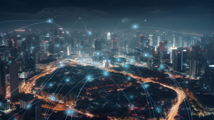 Modern city with wireless network connection and city scape concept.Wireless network and Connection technology concept with city background at night.